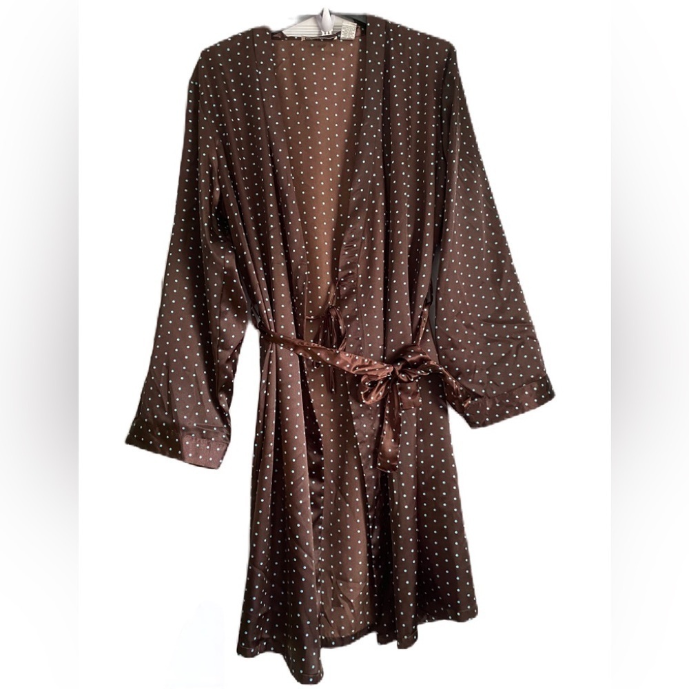 Chanteuse Intimate Brown with Turquoise Dots Wrap Robe with front tie, size: XL